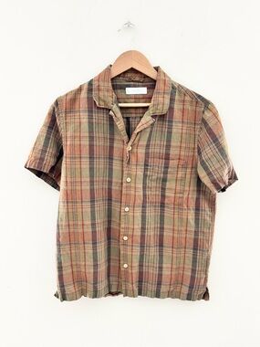 Lucky Brand 100% Linen Plaid Camp Collar Button Up Shirt Men's Small Earth Tone